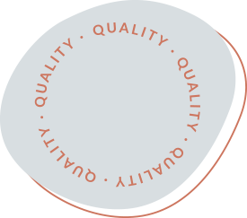 Decorative circular stamp reading QUALITY repeated around a pale gray organic shape with terracotta outline