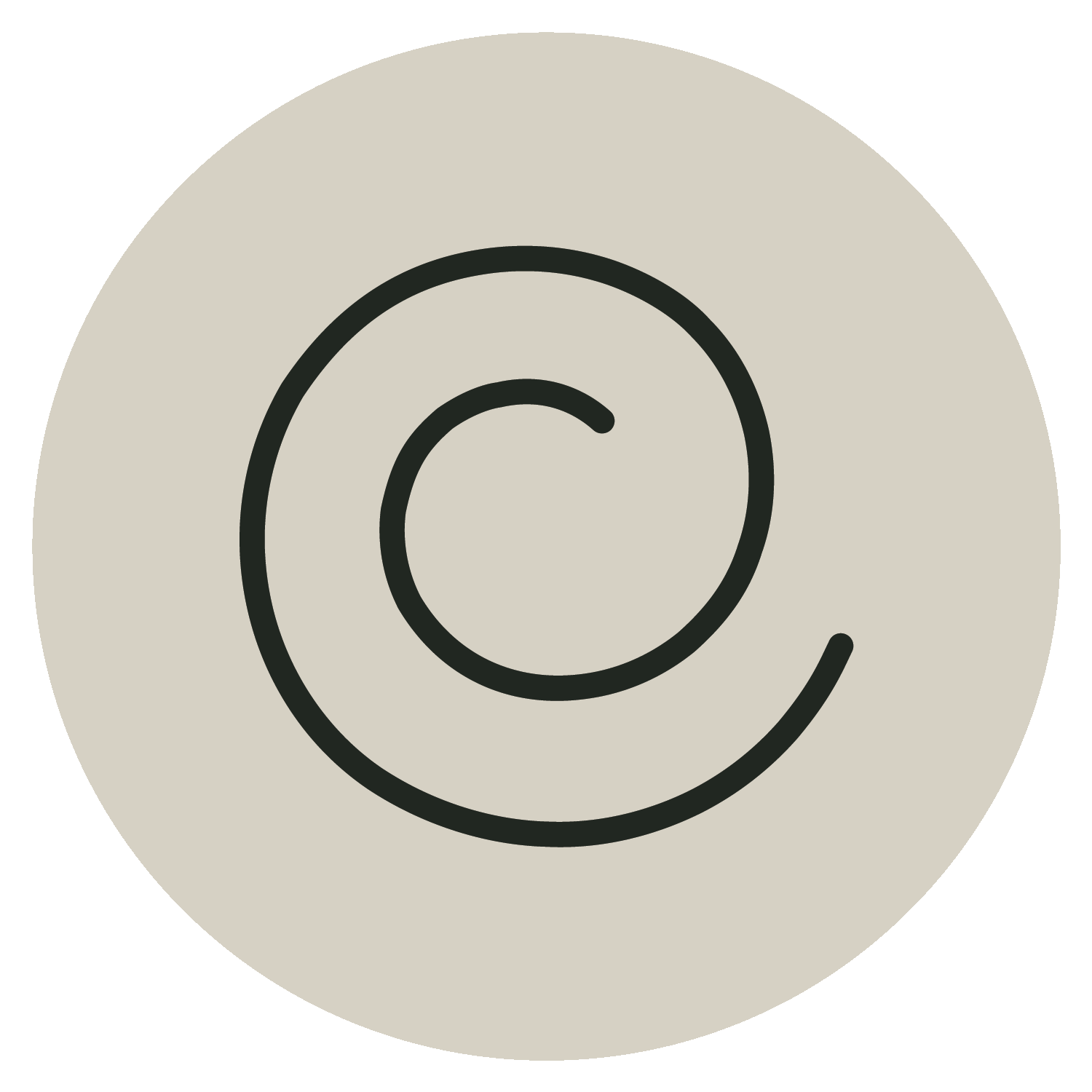 Beige circular badge with dark green spiral logo.