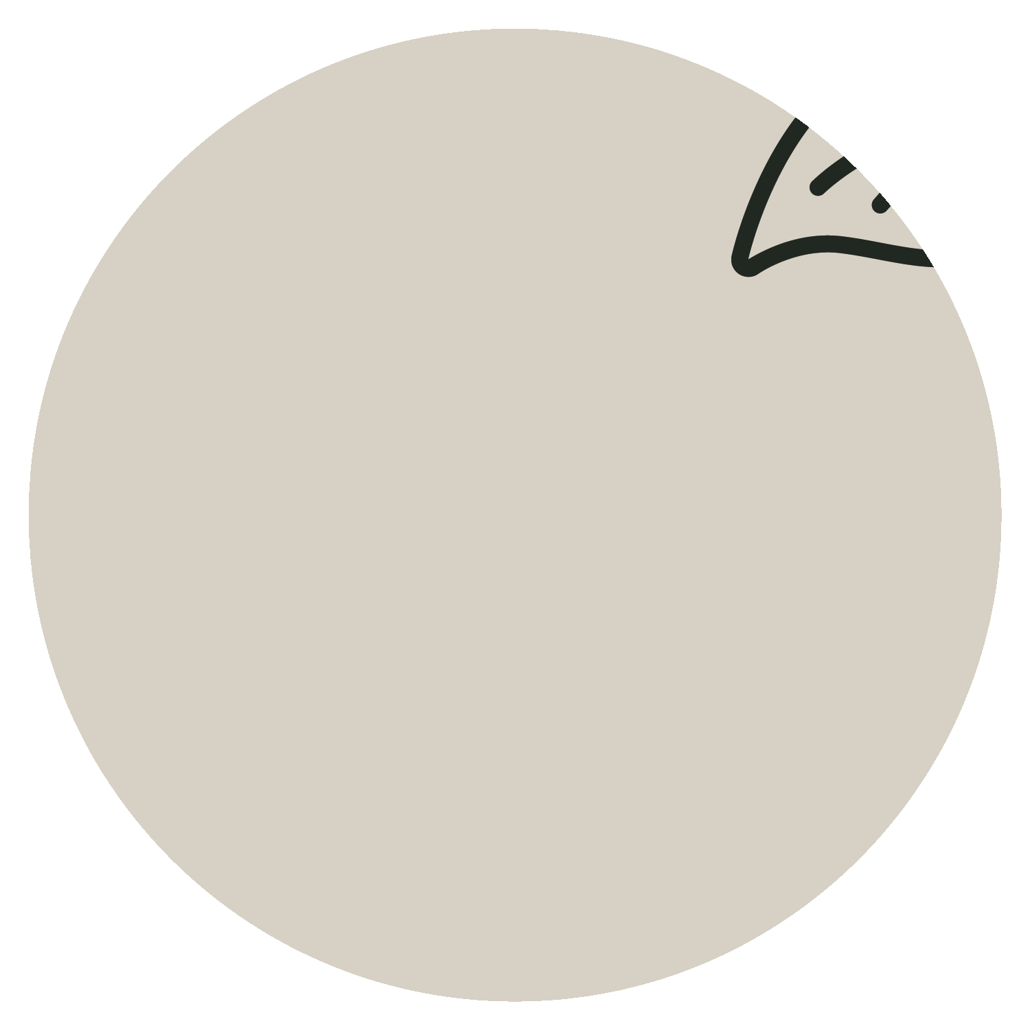 Beige circular badge with three dark-outlined stylized leaves forming a triangular, recycling-like shape.
