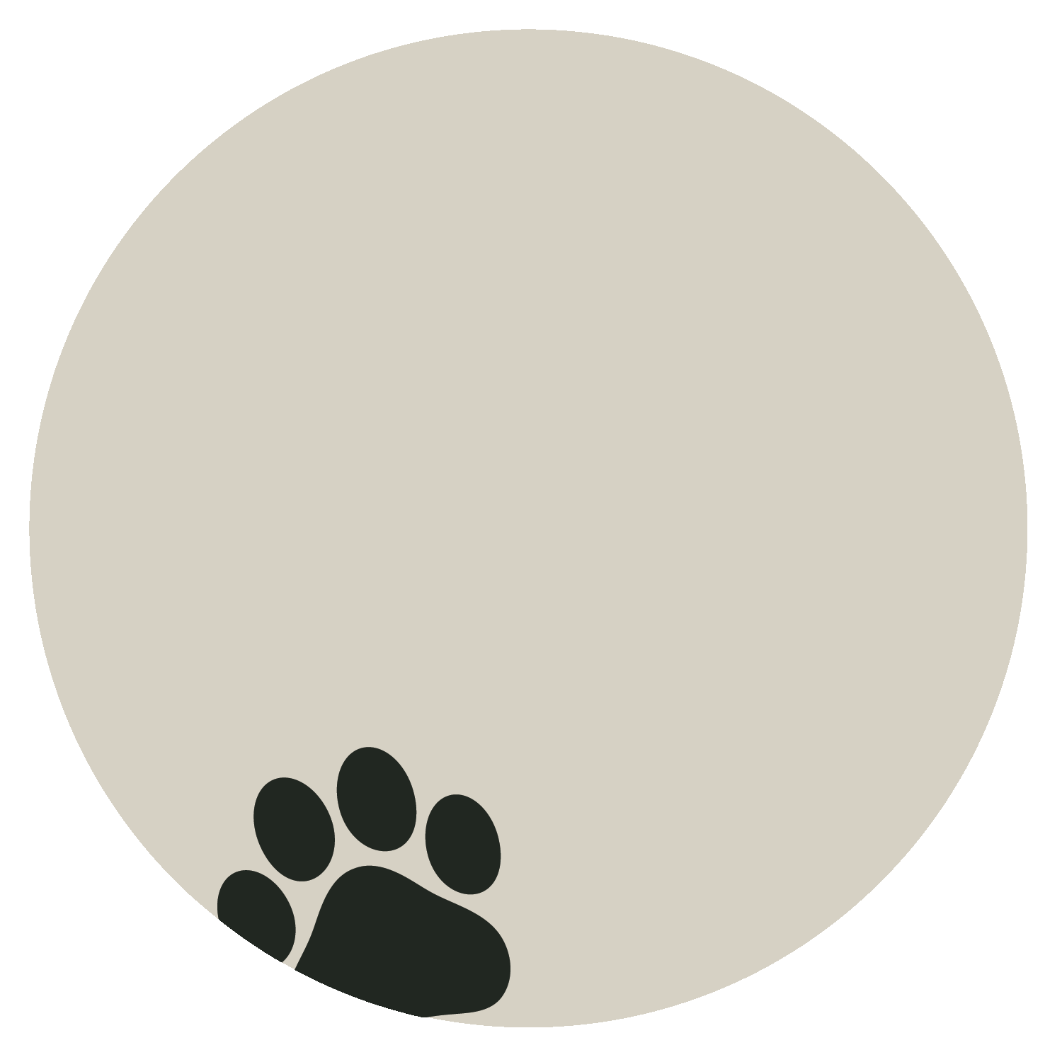 Two dark paw prints diagonally across a beige circular background