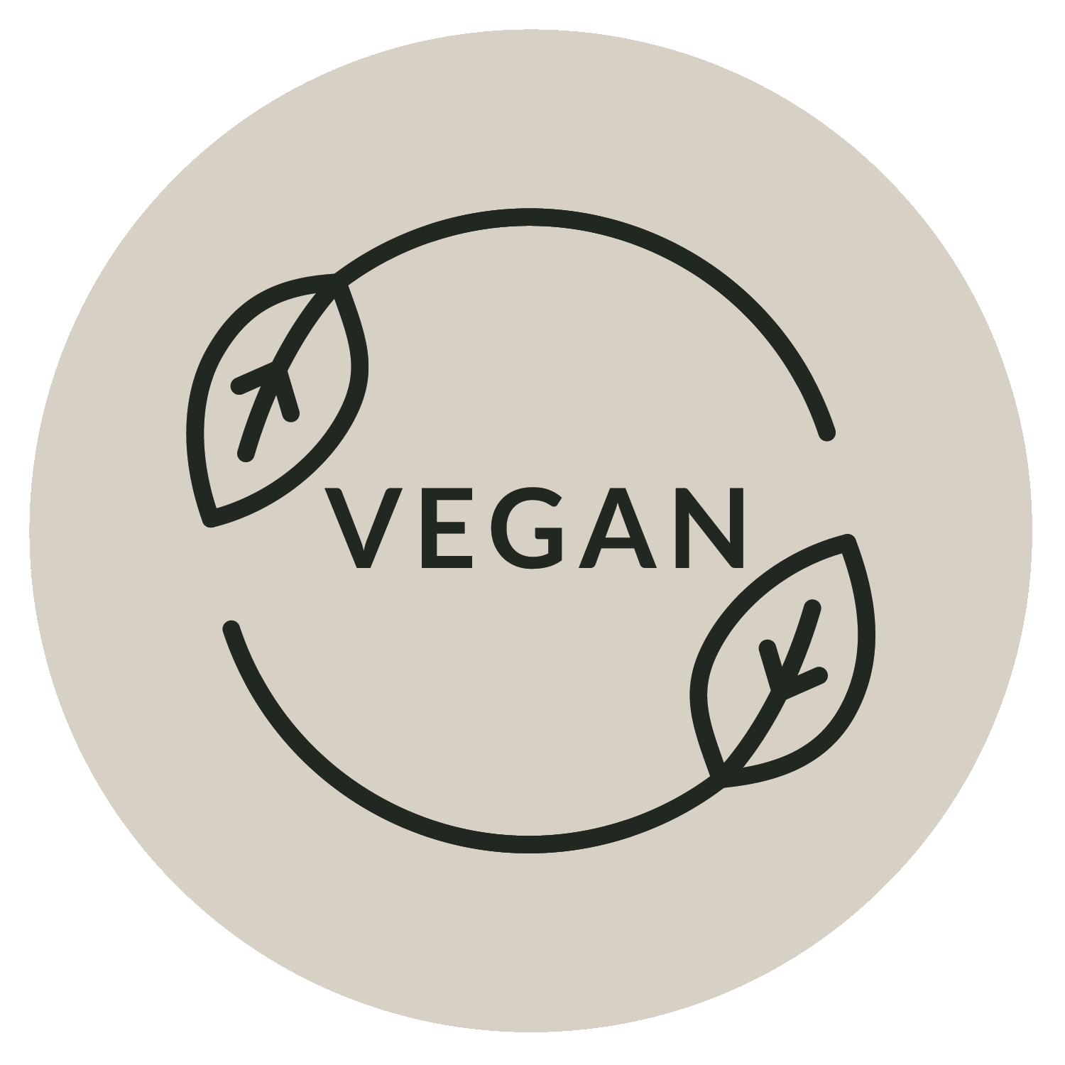 Beige circular badge with two stylized dark-green leaves forming a circle and the word VEGAN centered