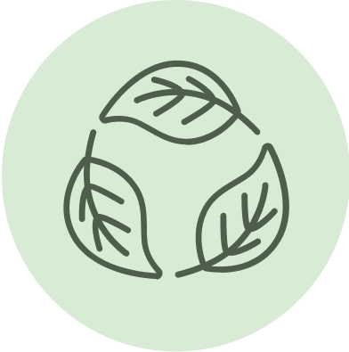 three stylized leaves arranged in a circular recycling motif on pale green round background.